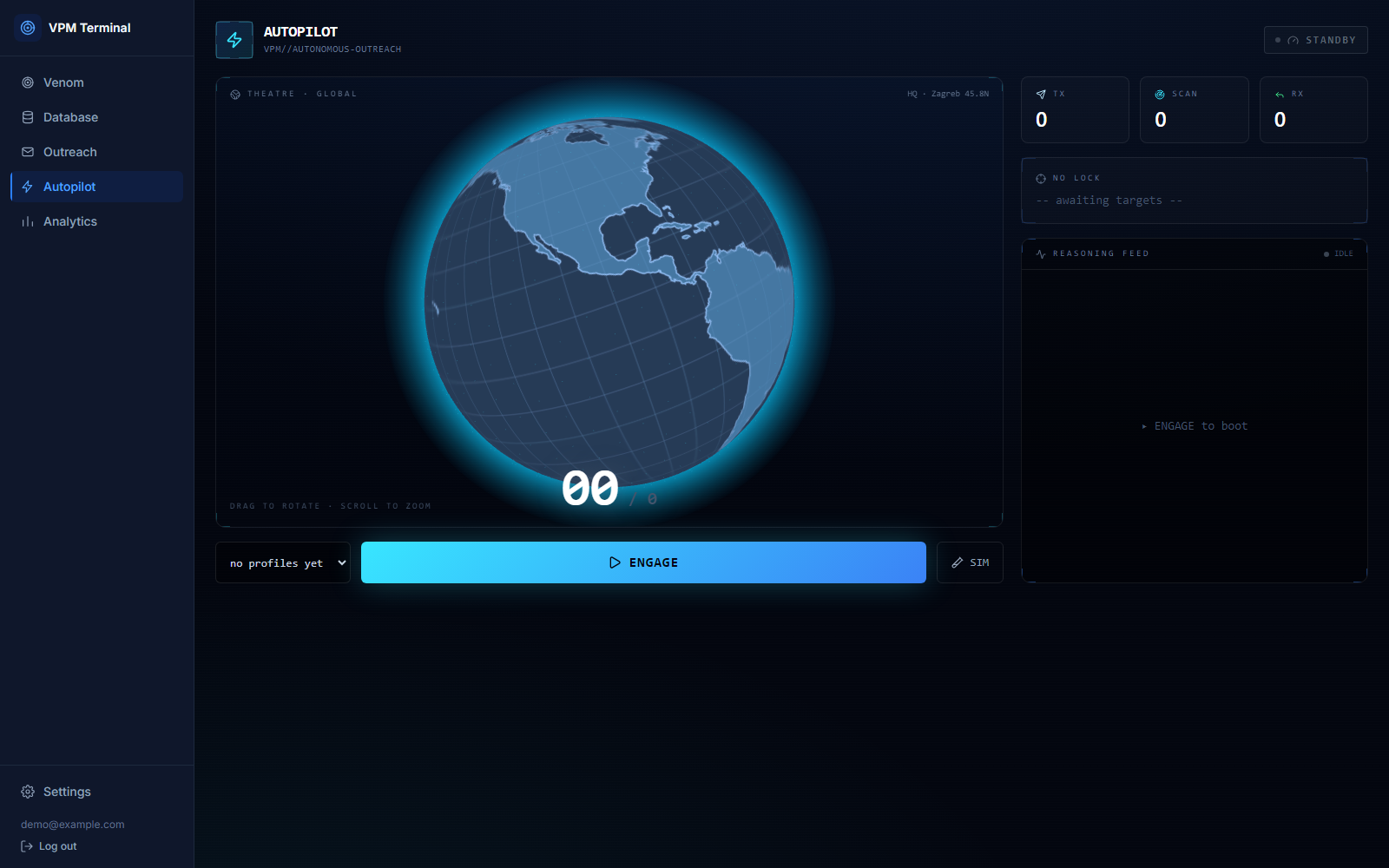 VPM Terminal's Autopilot command view: a glowing 3D globe with TX/SCAN/RX counters and a reasoning-feed panel, shown here in standby state.
