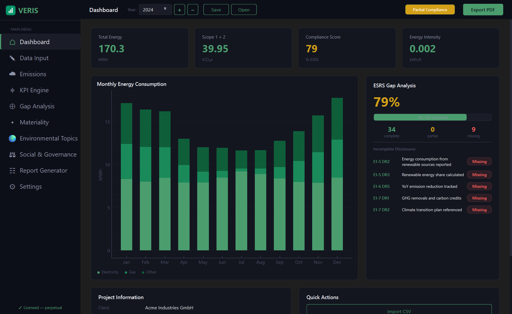 VERIS dashboard showing total energy, Scope 1+2 emissions, an ESRS compliance score of 79%, and a 12-month energy consumption chart. The client name shown is sample data, not a real customer.